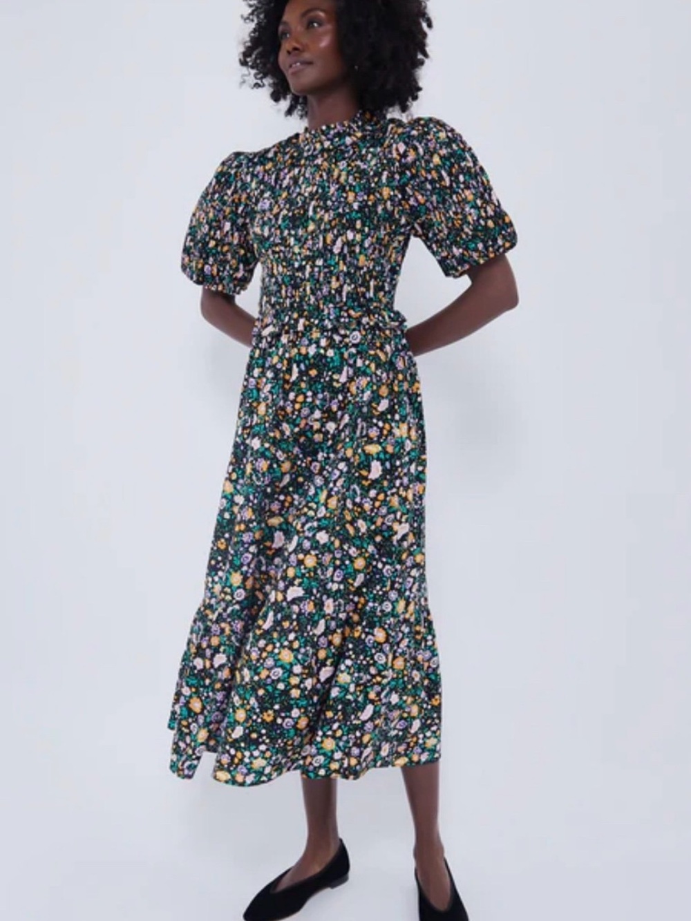 Hyacinth House Smocked Puff-Sleeve Midi Dress